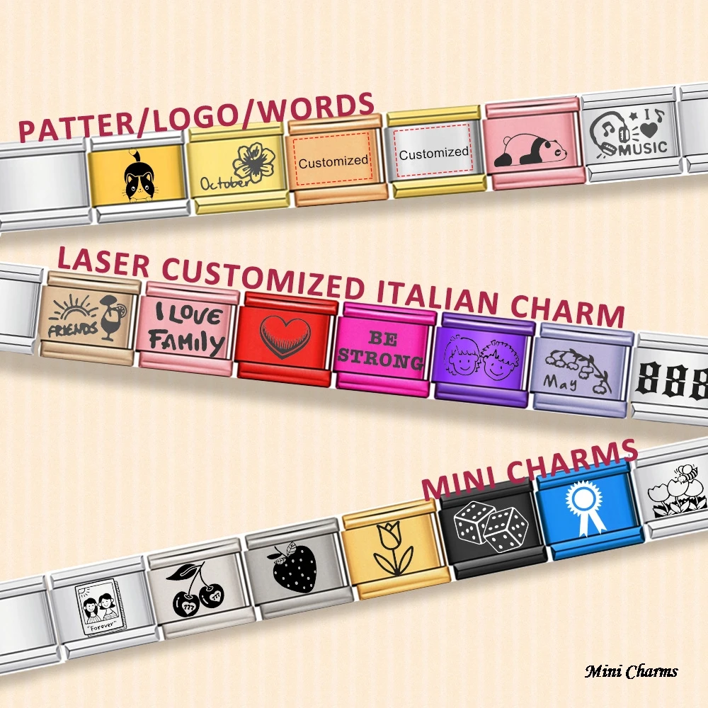 Colorful Laser Engrave Pattern Logo Word Customization Personal Link Italian Charm Fit 9mm Stainless Steel Bracelet Beads
