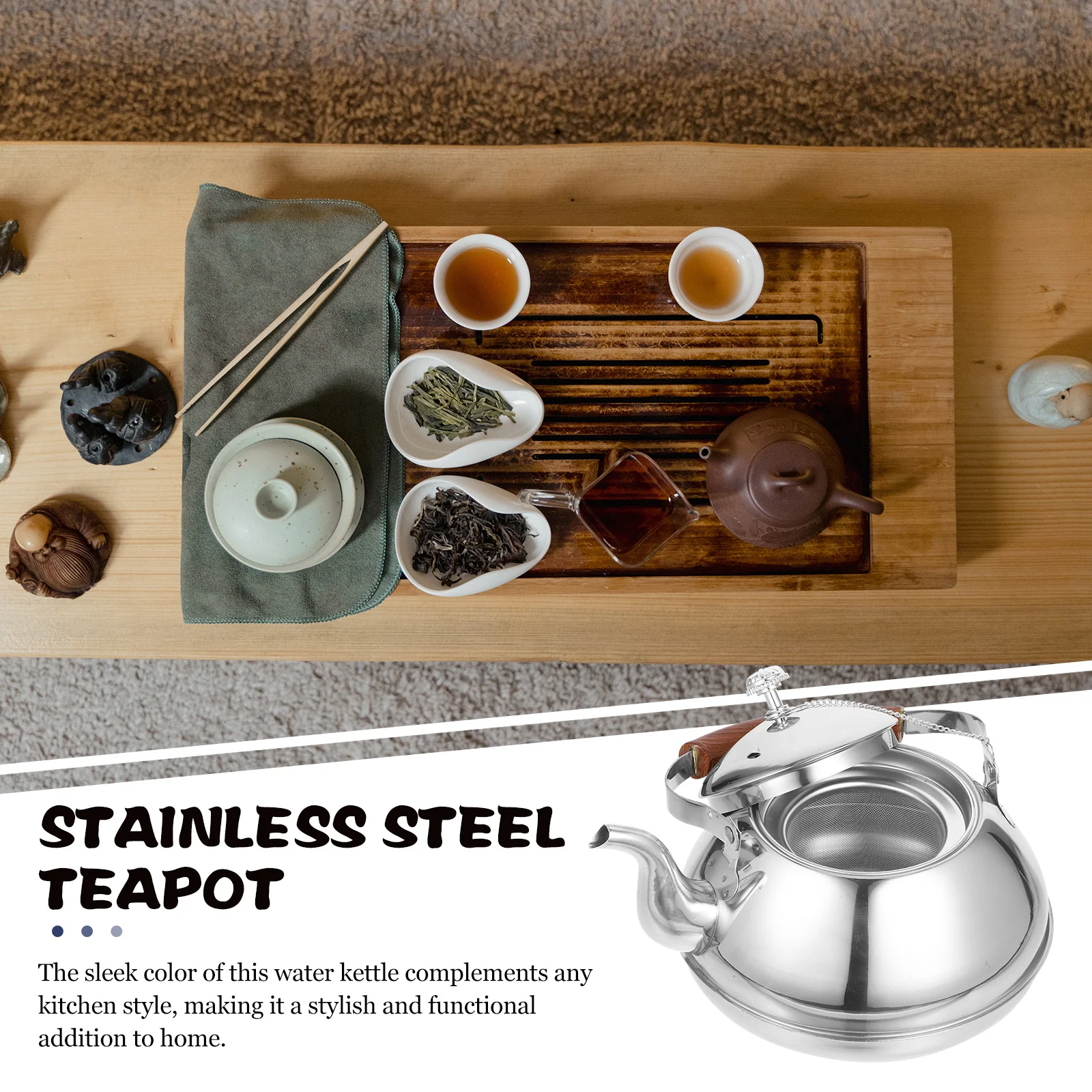 

Stainless Steel Teapot With Handle Strainer Elegant Large Capacity Metal Tea Kettle For Home Kitchen Office Desktop