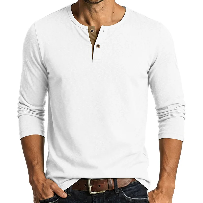 Herren-T-Shirts mit langen Ärmeln aus Baumwolle und Leinen im amerikanischen Stil, lässige Henry-Kragen-T-Shirts, einfarbig, atmungsaktiv, lockere Oberteile, zum Überziehen