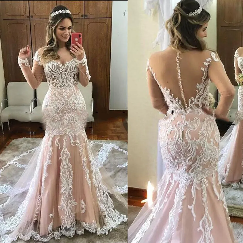 

Princess Mermaid Wedding Dress Sheer O-neck Long Sleeves Appliques Button Back Bridal Gowns Ivory and Champagne Vestido De Novia