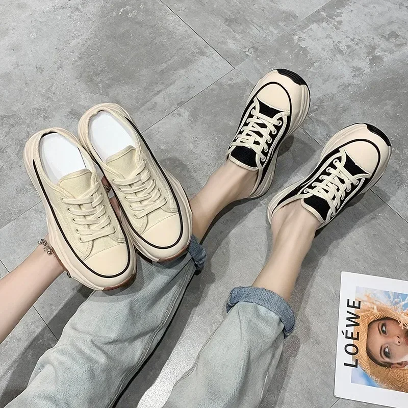 2023 Spring Autumn Women\'s Slippers Fashion Baotou Half Slippers Wear New Style Muffin Lace-Up Casual Canvas Slippers of Women