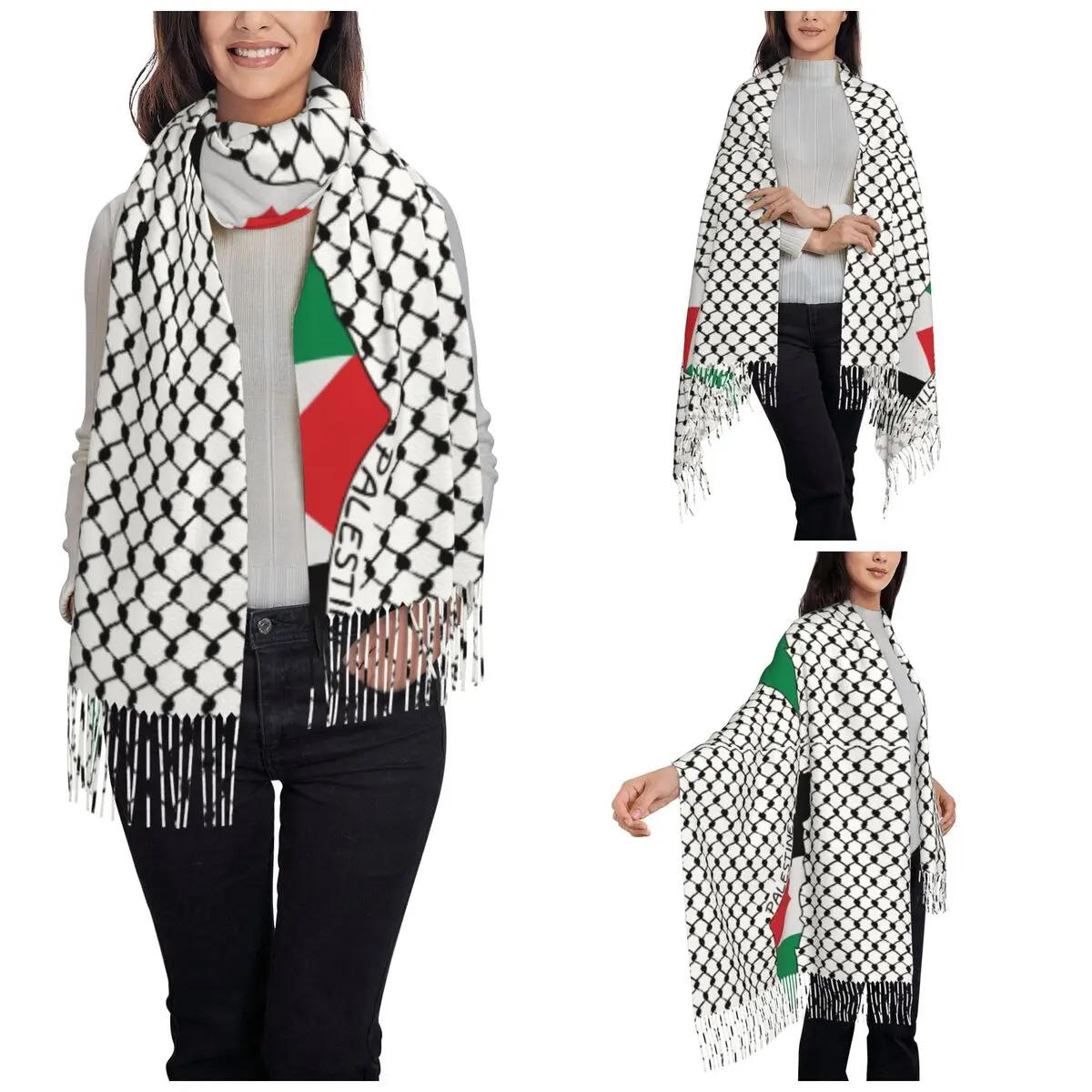 Palestine Flag Map Palestinian Kufiya Hatta Scarf Cashmere Shawl Wrap Traditional Keffiyeh Pattern Long Shawl Scarf Daily Wear