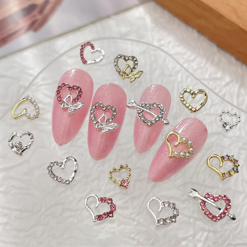 10Pcs Heart Love Nail Art Charm 3D Luxury Diamond Pearl Valentine's Day Alloy Series Nail Ornament DIY Exquisite Nail Decoration