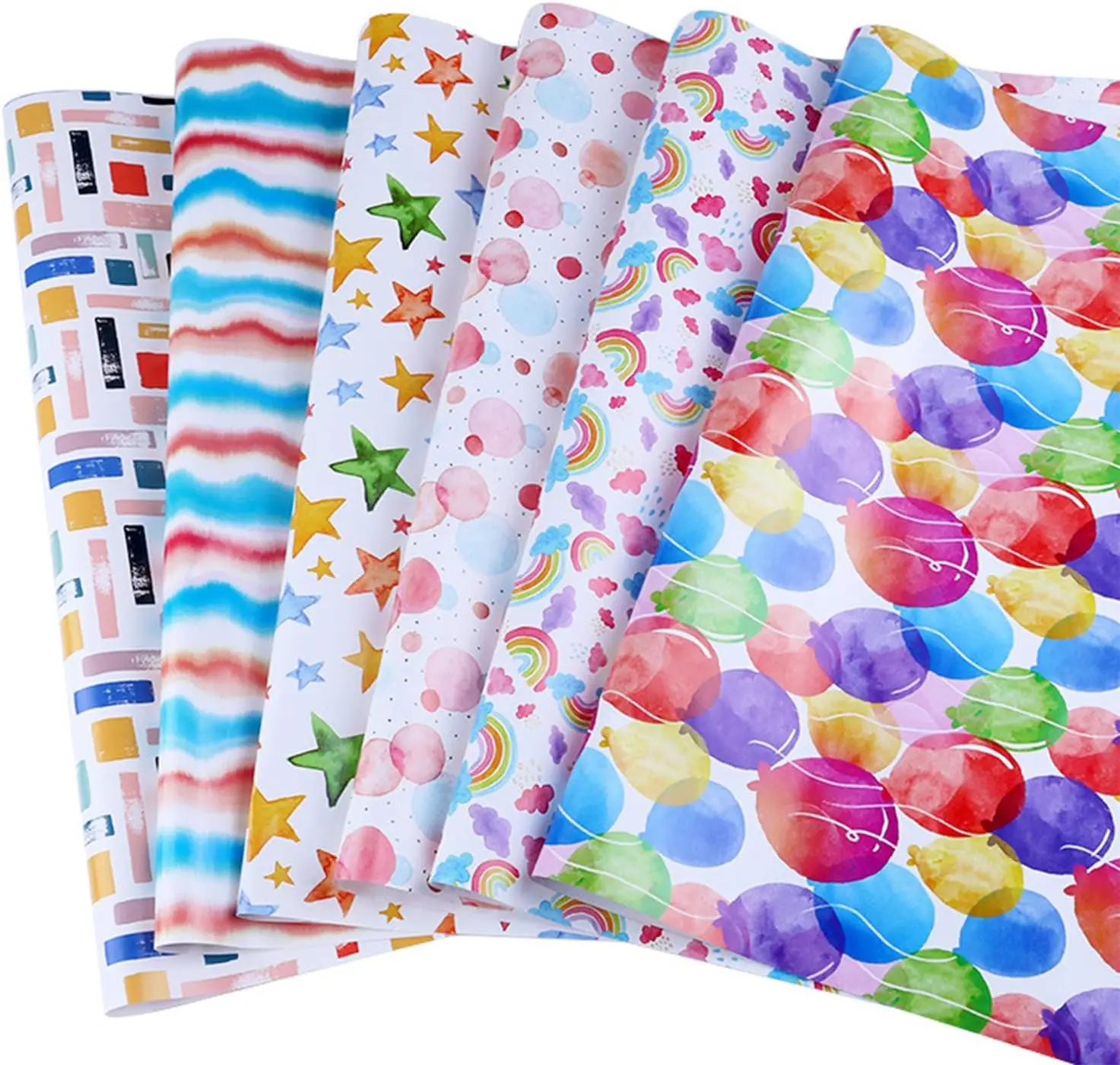 6 Sheets Gift Wrapping Paper with 2 Ribbon, Happy Birthday Gift Wrapping Paper 50 x 70cm Recyclable Gift Wrap for Girls Kids