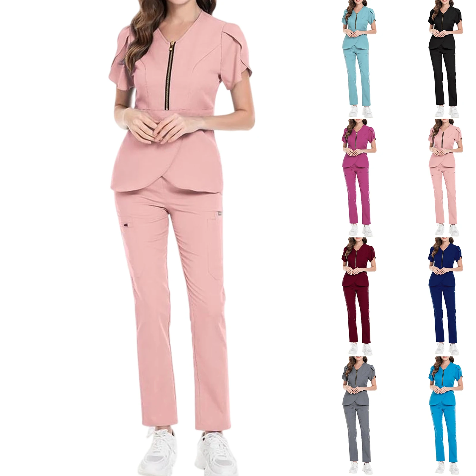 Conjunto de enfermeira feminina, decote em v, manga curta, zíper, manga plissada, calças compridas multicoloridas, uniforme médico, roupa de trabalho de saúde