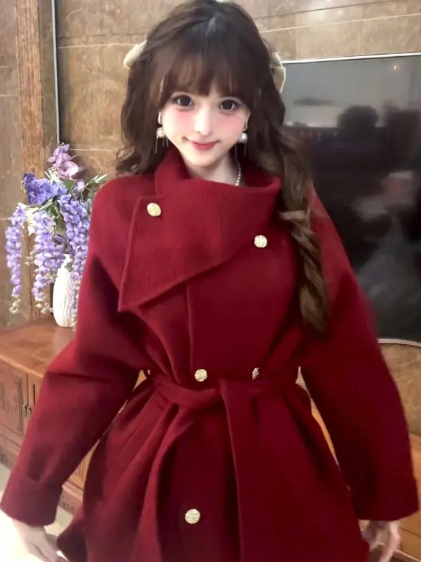 

Retro Sle Beautiful Red Belted Waist ort Coat Unique Small Size Winter Outerwear Ladies Faion Warmth Guaranteed