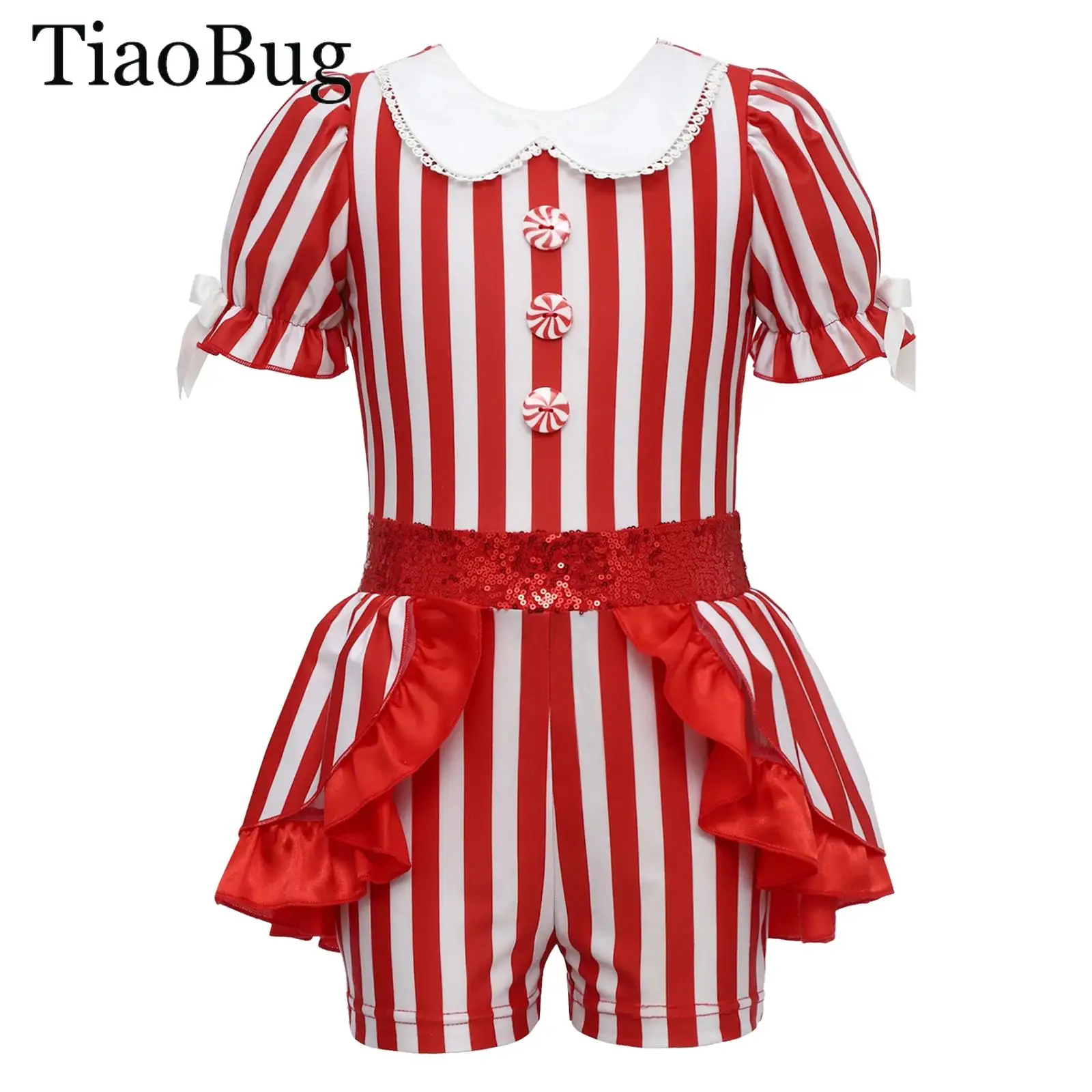 

Girls Candy Cane Christmas Shorty Unitard Dress Puffy Sleeve Xmas Sequin Bowknot Striped One Piece Bodysuit Jazz Ballet Jumpsuit