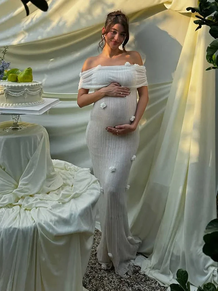 Woman 3D Floral Off Shoulder Dress Strapless Pleated Solid Color Robes Sleeveless Elegant Fashion Slim Women's Long Maxi Dress