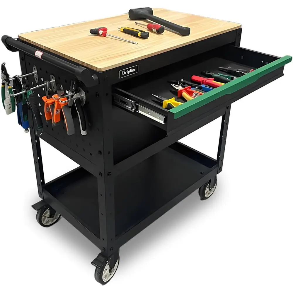 

3-х уровневое хранилище для мастерской, черный металлический каркас с деревянным верхом, сверхпрочными колесами, шкаф-органайзер емкостью 330 фунтов f