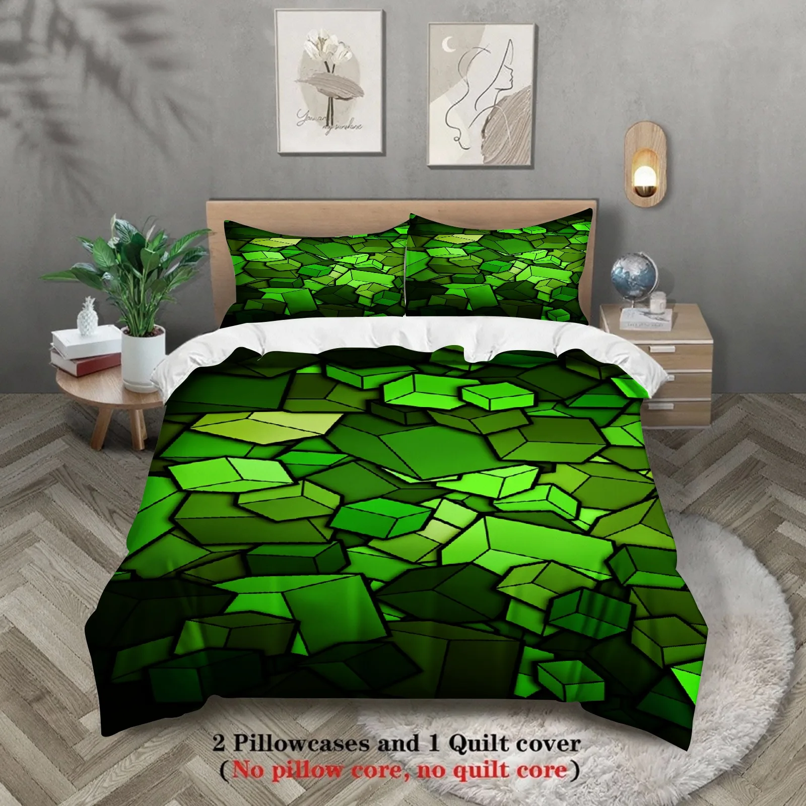 Green Mosaic Stained Glass Bedding Set 3D Geometric Duvet Cover Pillowcase Set Soft Breathable For Bedroom Decor