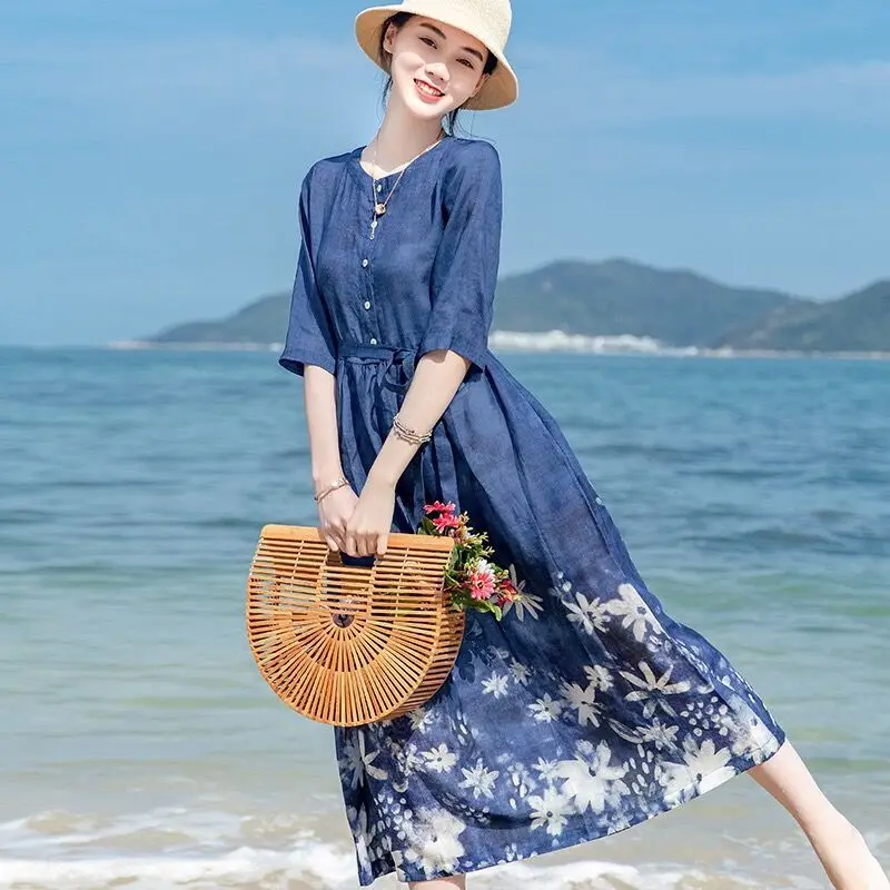 Women Dress 2024 Spring Summer Casual Floral Printed Long Dresses Ladies O-neck Half Sleeve Loose A-line Vestidos