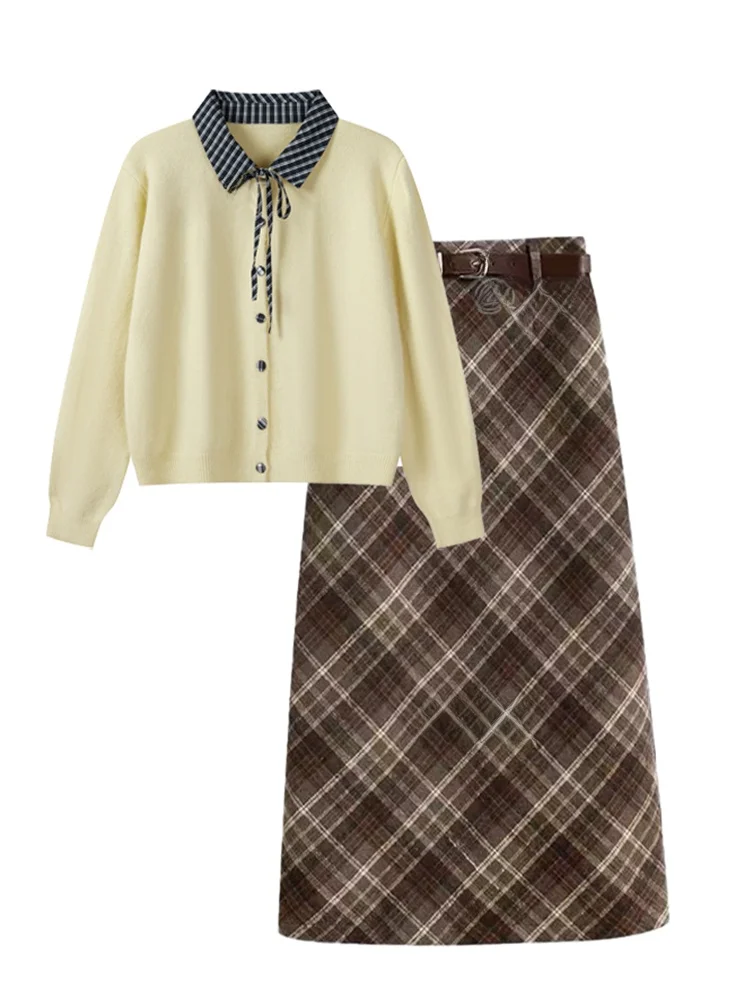 秋冬ルーズフィットチェック柄ニットセーターコート、襟付きパッチワークデザイン、プラスサイズレディースファッションカジュアルアウトフィットセット