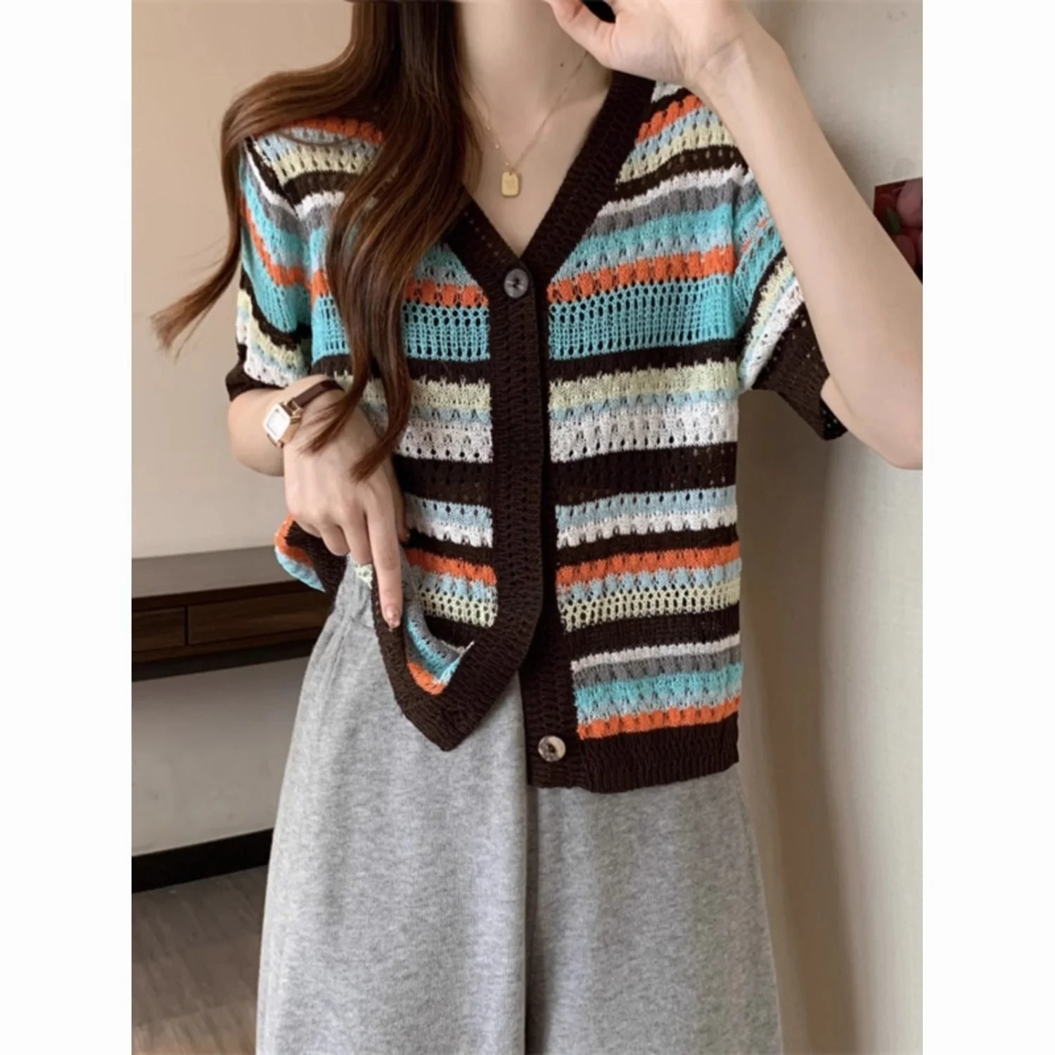 Slimming Loose Fit Short Sleeve V-Neck Rainbow Striped Knit Top for Women Summer Thin Polyester Fiber Open Cardigan Style