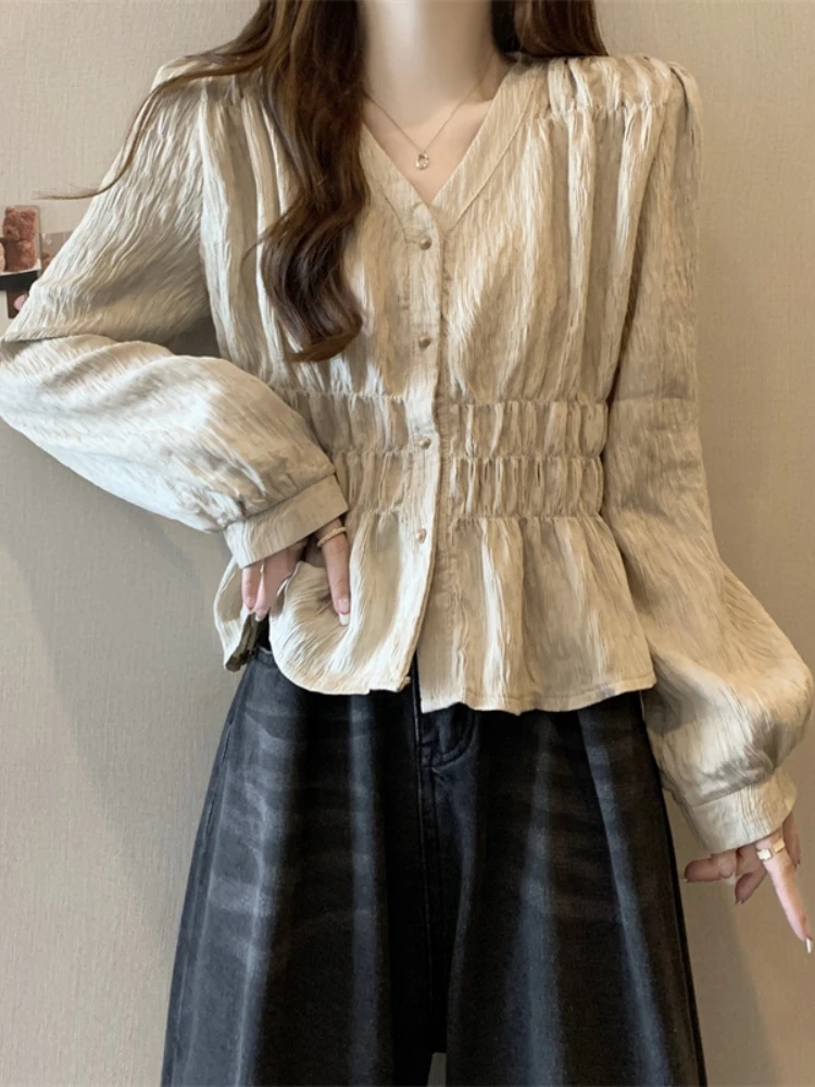 Slim Fit V-Neck Long Sleeve Shirt Women's Spring Autumn plus Size Short European Style Top Gathered Waist Hiding Belly Button-Up