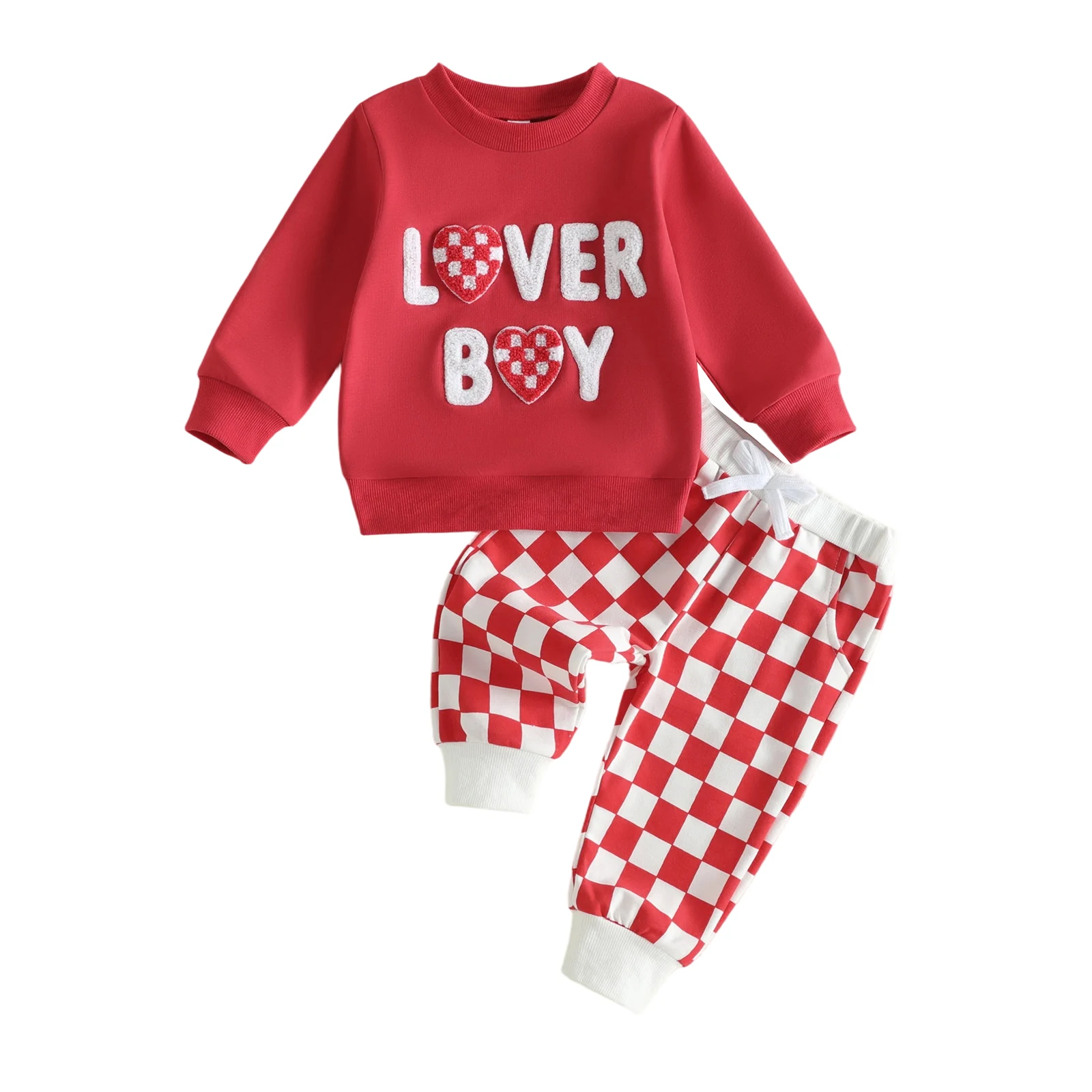 Toddler Girls Valentines Outfits Long Sleeve Embroidery Tops Plaid Pants