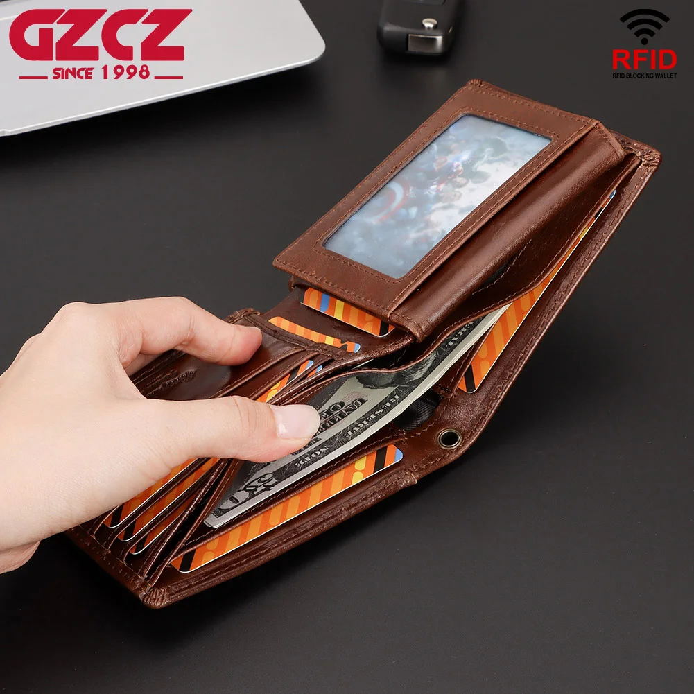 Мужской кошелек из 100% натуральной кожи, короткий держатель для кредитных карт RIFD с окошком для удостоверения личности, портативный мужской бумажник, клатч Carteiras