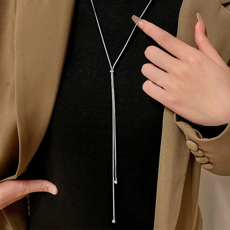 Naszyjnik ze stali nierdzewnej z długim łańcuszkiem typu snake dla kobiet i mężczyzn, minimalistyczny, srebrny kolor, geometryczny, regulowany choker.