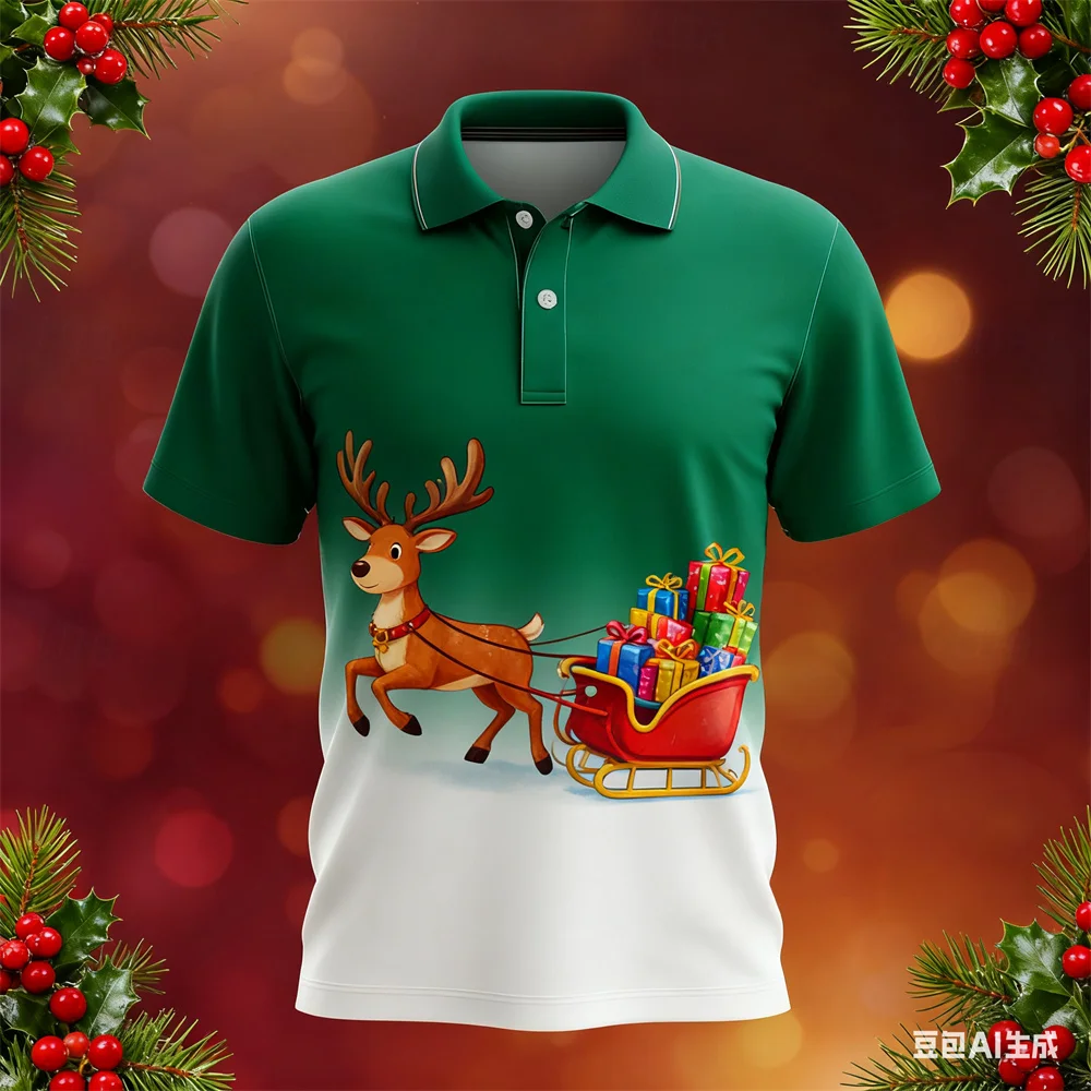 

Christmas Polo Shirt Santa Claus pattern print breathable quick-drying polo shirts New Year gift clothes for man New men's tops