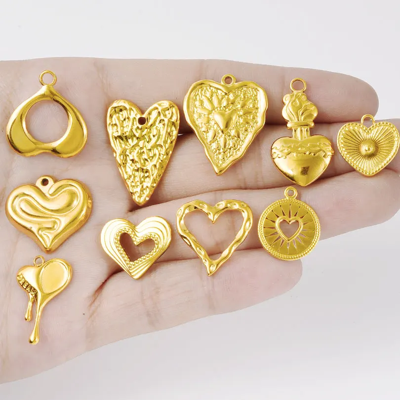 7Pcs High Quality Flame Peach Heart Hollow Texture Folds Stainless Steel Love Pendant Couple No Fade Diy Necklace Earring Making