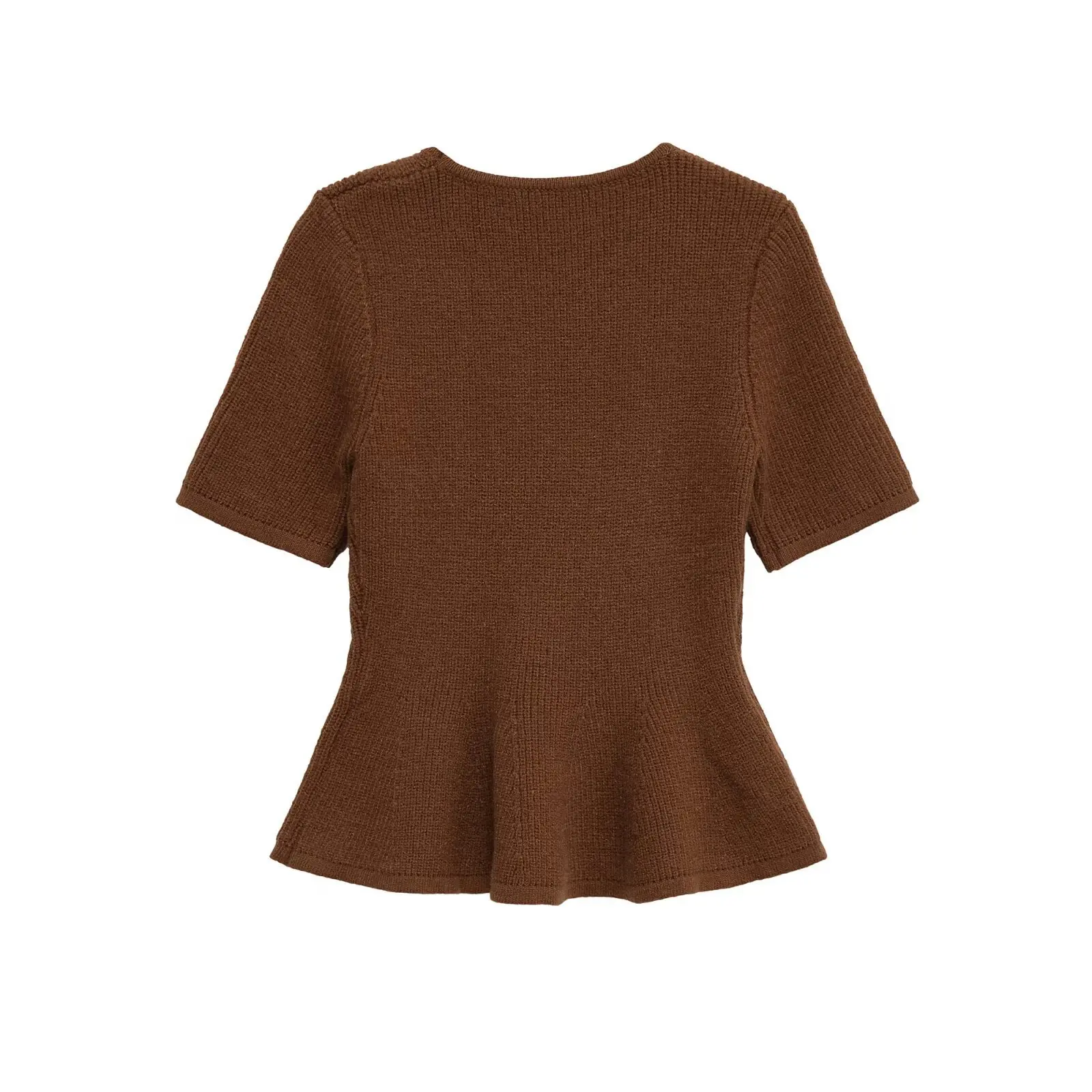 Maxdutti Women's Sweaters French Minimalist Light Brown Ruffle Edge Knitted Top Autumn Round Neck T-shirt Women Pullover Top