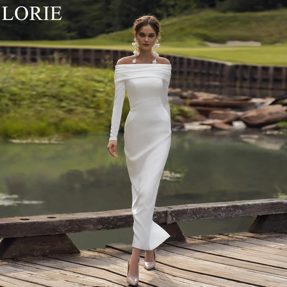 LORIE Simple Ivory Wedding Dresses Off Shoulder Mermaid Long Sleeves Ankle Length Bride Prom Gown 2024 Elegant Bridal Gowns