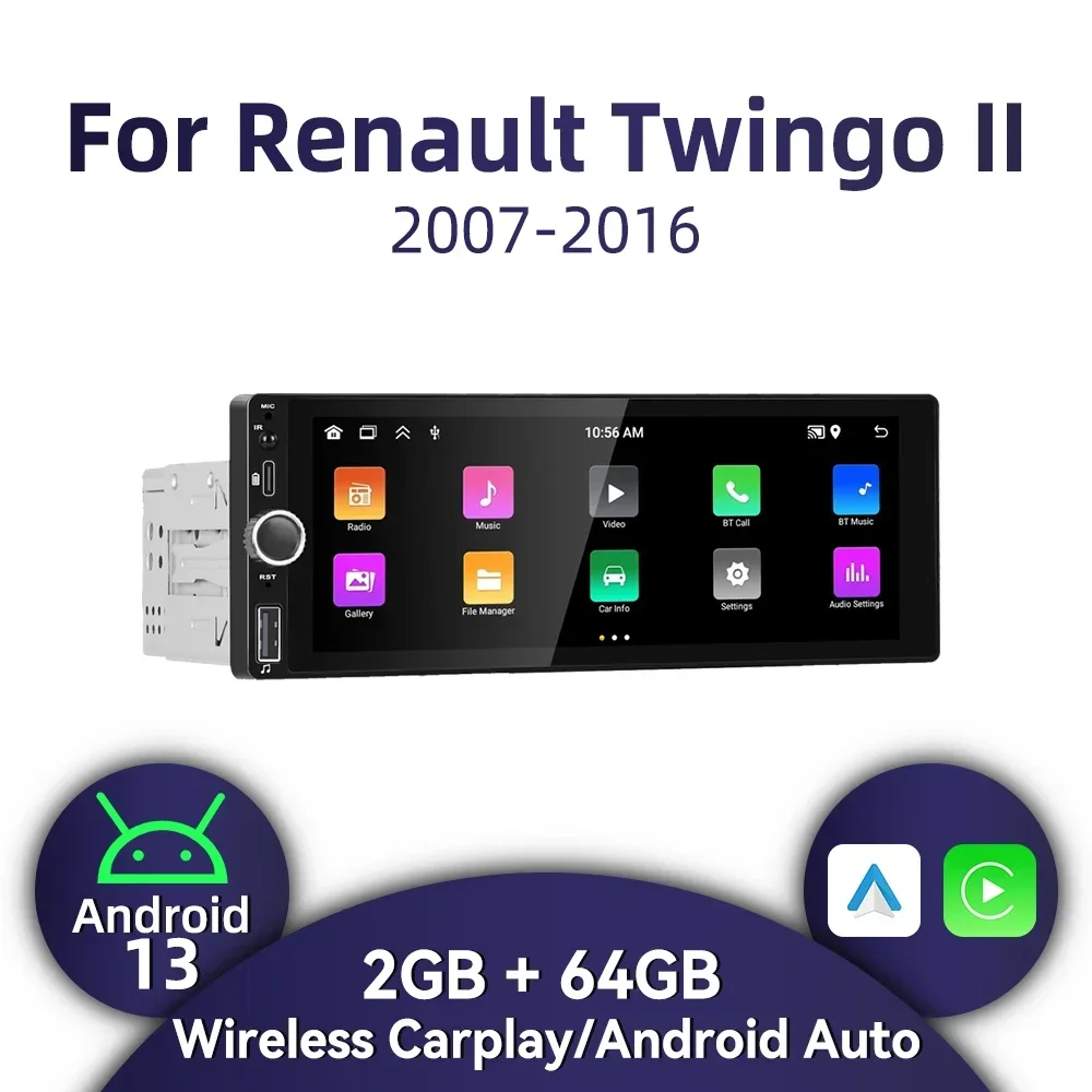 

Автомобильный радиоприемник 1Din Android для Renault Twingo II 2007-2016 6,86 дюйма, стерео экран Carplay, Android, мультимедийное головное устройство, GPS BT, WIFI