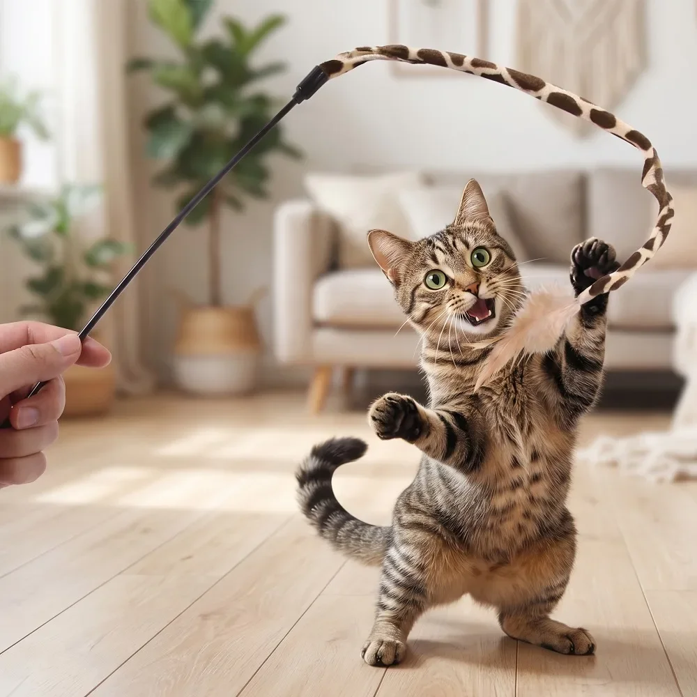 Leopard Cat Teaser Wand, Interactive Cat Toy, Feather Teasing Stick, Polyester Wand for Cats, Indoor Pet Play