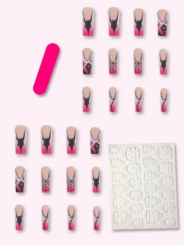 24 pcs of coffin-shaped fake nails, with French patterns imprinted on the nails in the Halloween series press on nails