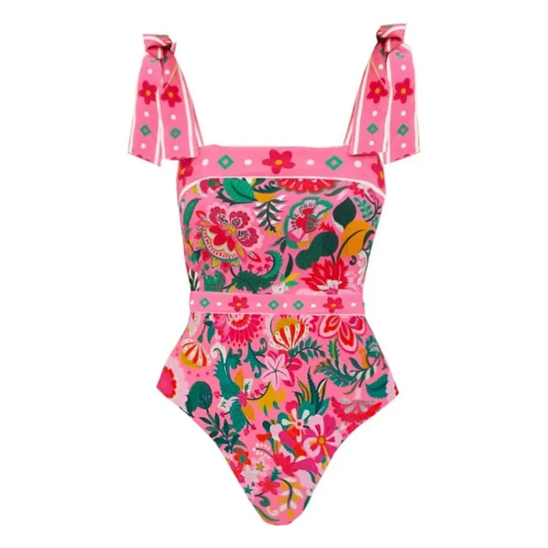 Floral One-Piece Swimsuit Set for Women, Butterfly Tie Tied, Vacation Style, Popular Item, New, 2024