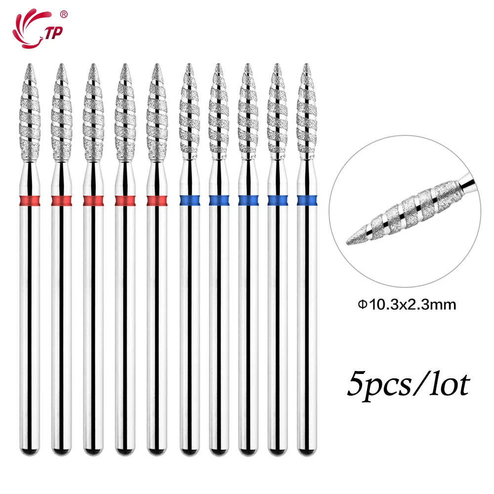TP 5Pcs 토네이도 불꽃 다이아몬드 네일 드릴 비트 3/32 ''생크 매니큐어 커터 로터리 버 드릴 액세서리 나선형 네일 밀스 도구