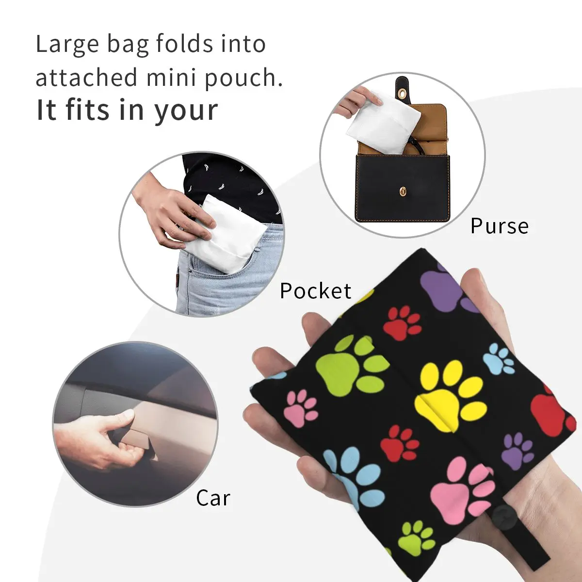 Colorful Paws Pattern Grocery Shopping Bags Cute Shopper Tote Shoulder Bags Big Capacity Portable Dog Paw Prints Pet Handbag