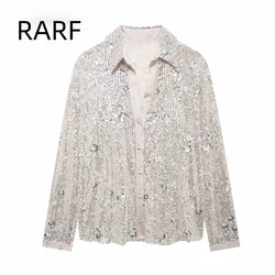 2024 autumn and winter new product temperament women's clothing sequins elegant and gentle long sleeved lapel shirt