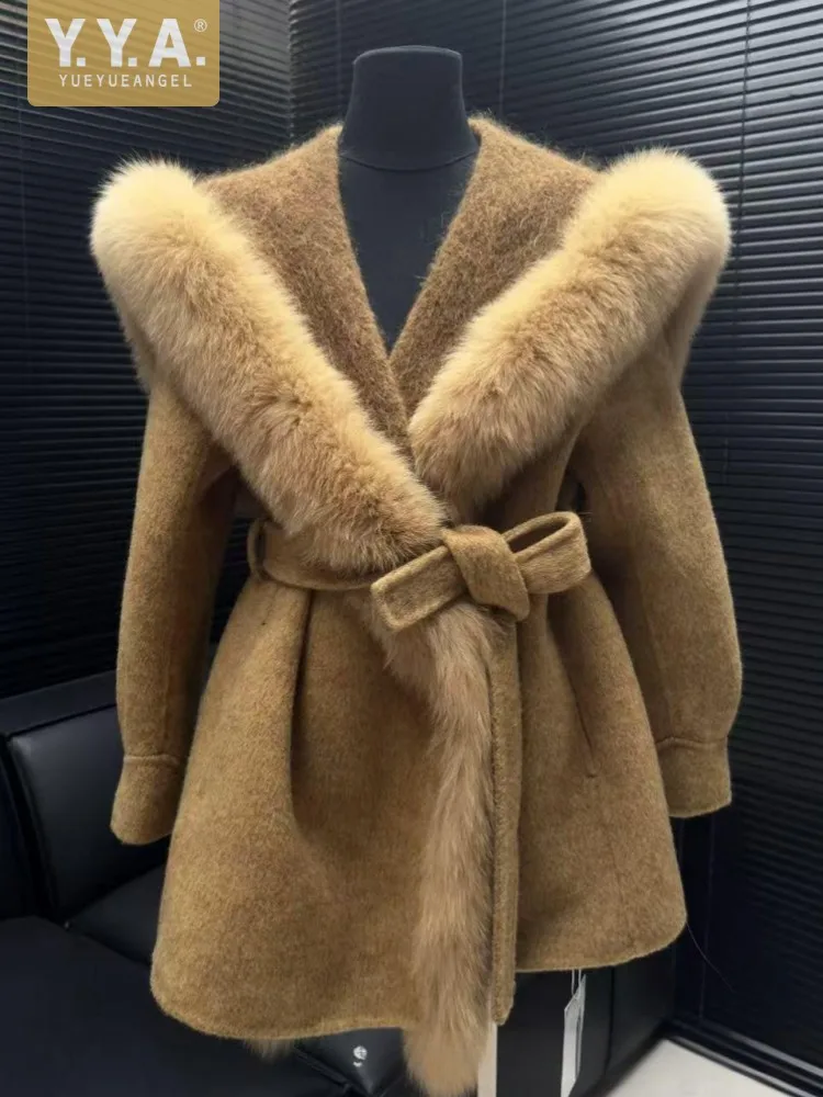 

Новое женское осенне-зимнее темно-синее воротник с лисьим мехом, шерстяное пальто средней длины, модная женская куртка свободного покроя, повседневная верхняя одежда, топ