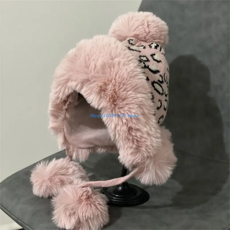 P88B الحلو لطيف ليوبارد طباعة قبعة قبعة صوف عادية قبعة صوف شتوية عادية مع EarFlap اليدوية كل مباراة Earprotect يندبروف #4