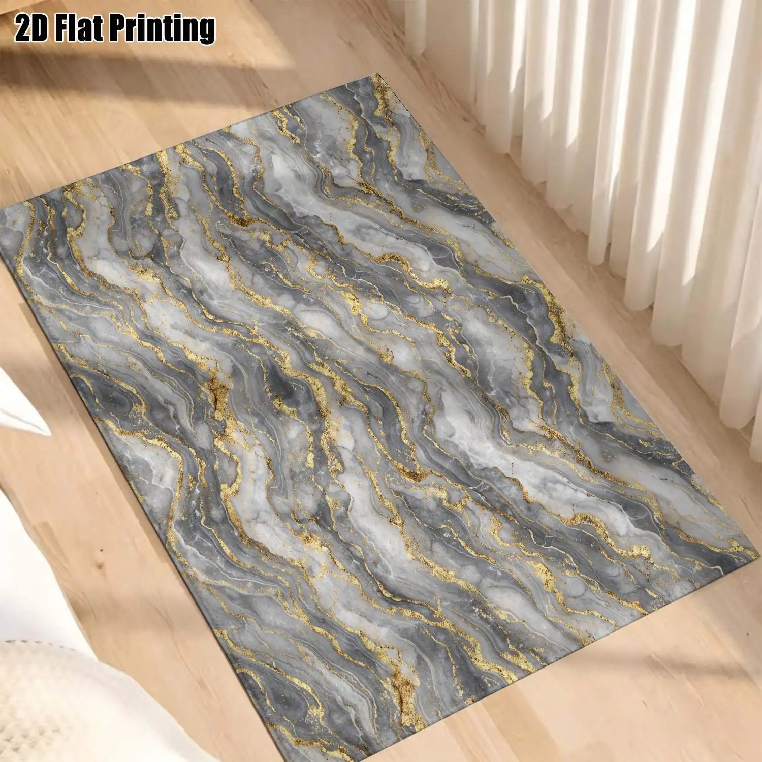 1Pc 2D Printed Carpet: Silver-Grey & Gold Marble Texture, European/Modern Minimalist Geometric Striped Style Machine Washable, Multi-Size, Ideal for Home Decor, Entryway/Dining Room/Foyer/Living Room/Bedroom.