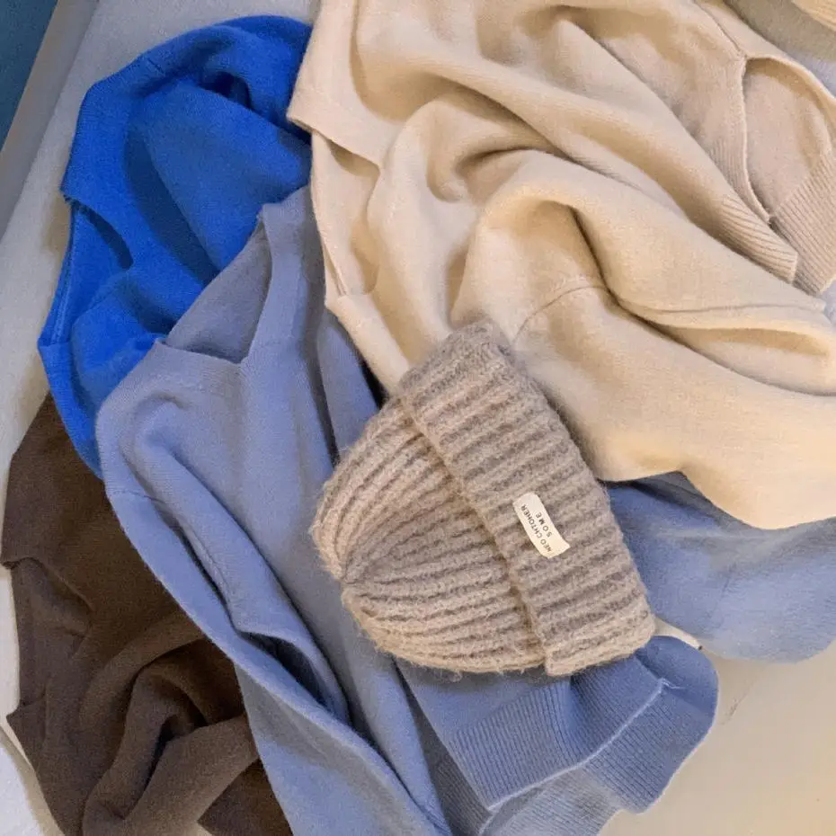 Suéter preguiçoso de malha de cor pura com cabelo longo de vison V-Ne de alta qualidade sem casamento feminino Faion Commute Sle Regular S...