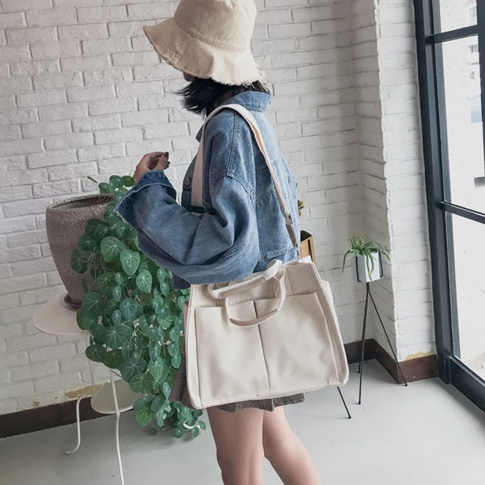 Fashion Canvas Bag for Women Large Capacity Tote Bag Solid Color Shoulder Bags Black White Shopping Bag Ladies Crossbody Bags