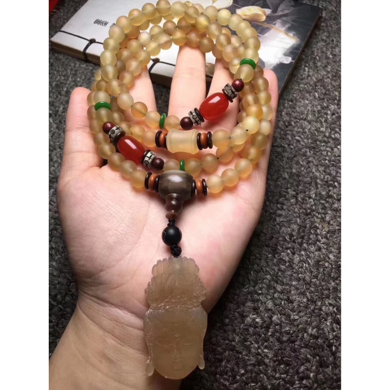 Natural Cavel round Beads Long Chain Match Red Agate, Claw Joint, Avalokitesvara Pendant, Horn Tee