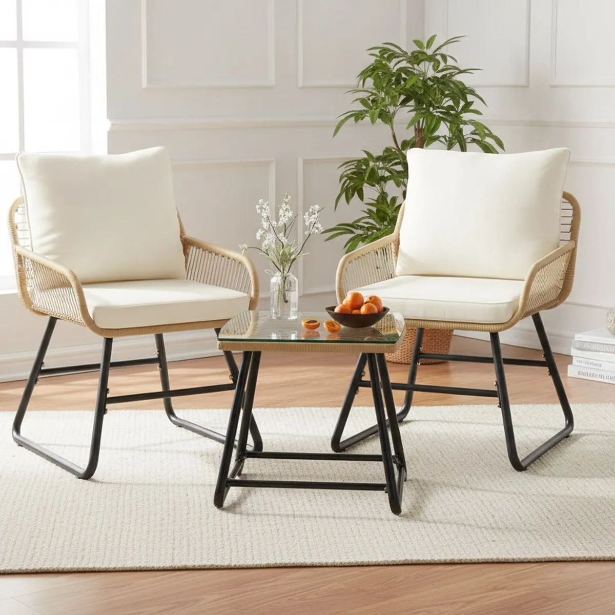 Outdoor Rattan Bistro Set 3pc Patio Furniture 2 Chairs Glass Table for Balcony Garden
