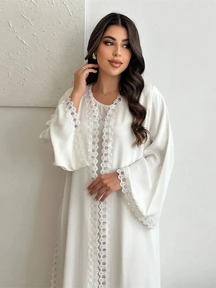 White Open Kimono Abaya Dubai Luxury 2024 Muslim Lace Abayas For Women Kaftan Dress Kebaya Islamic Clothing Robe Femme Musulmane