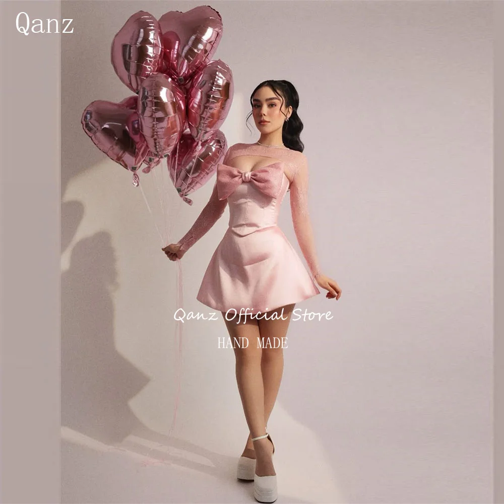 

Qanz Pink Princess Prom Dresses Sleeveless Corset Birthday Party Gowns Mini Satin Long Sleeves Vestidos De Graduación Customized