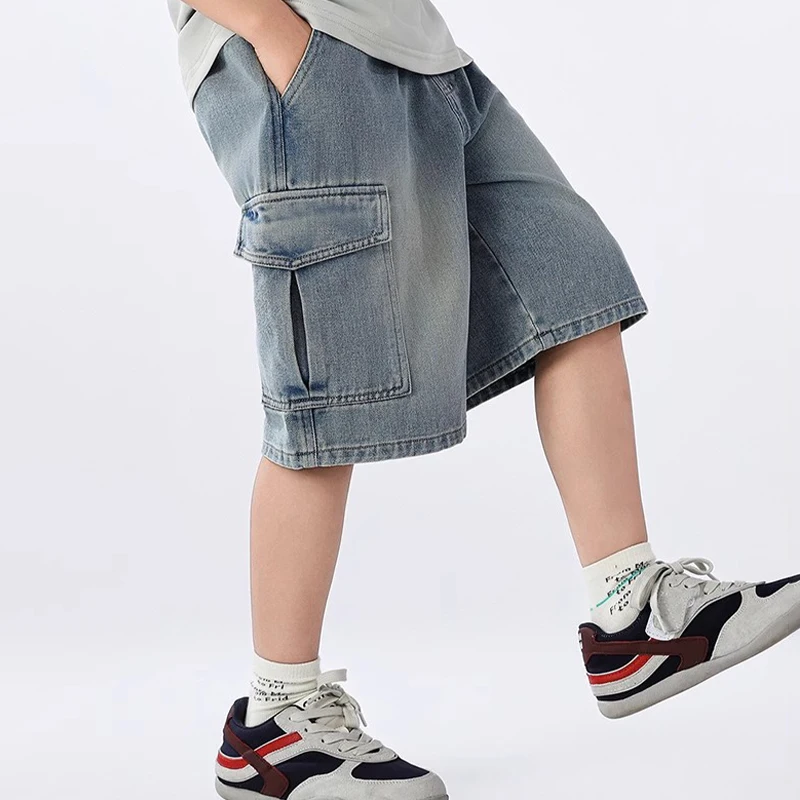 Summer Teen Boys Denim Shorts Fashion Solid Color Big Pocket Thin Jeans Pants For 4-14 Years Kids Children Casual Trousers image 4