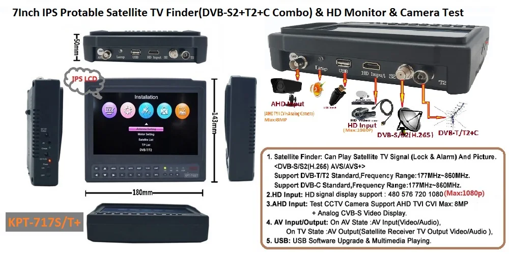KPT-717ST AHD DVB-S2 DVB-T/T2 DVB-C كومبو اختبار cctv كاميرا الأقمار الصناعية مكتشف متر مقابل satlink st-5150 6933 gtmedia v8 مكتشف 2