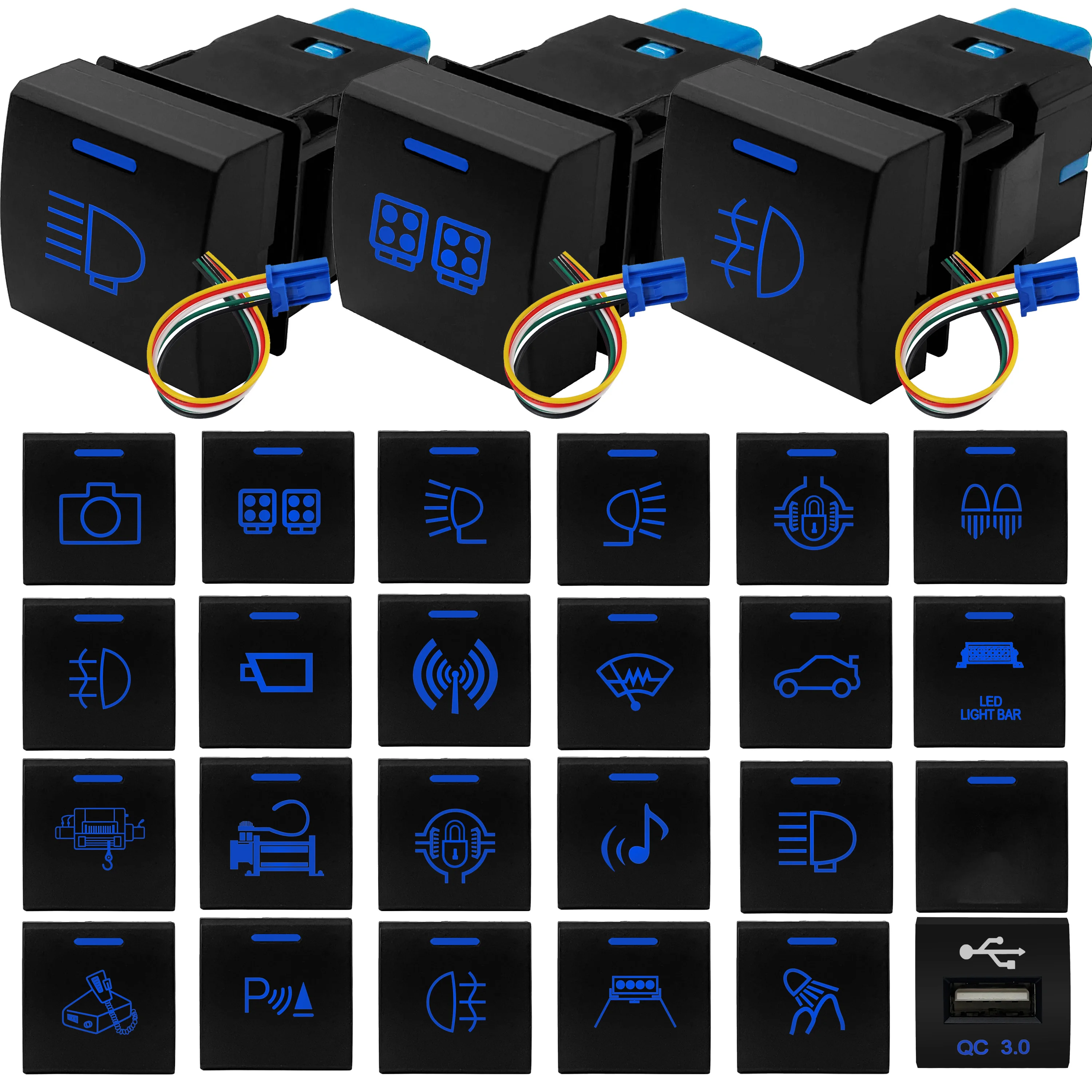12v azul led interruptor de botão barra de luz usb monitor de câmera bsm para toyota prado 150 camry corolla rav4 (2018-2020) retrovisor