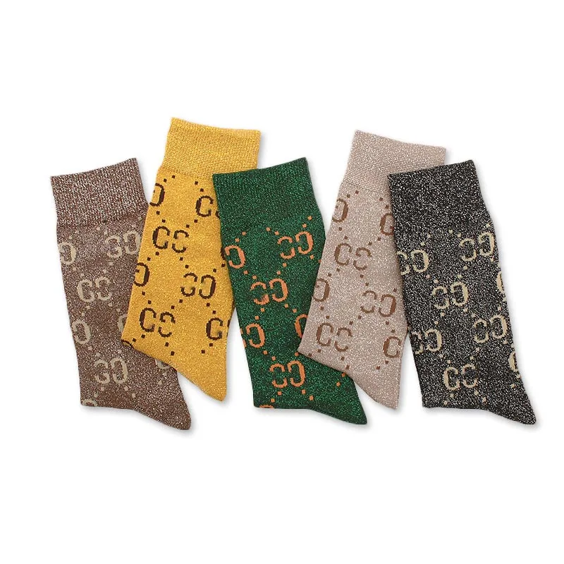 5 Pairs /Lot Cotton Women'S Filigree Mid-Tube Socks Autumn/Winter Letter-Printed Socks Trend Bright Silk Sports Socks For Women