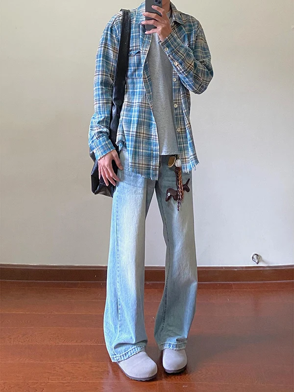 

Light Blue Knife Straight Leg Jeans Men's Summer American High Street Micro Flared Cleanfit Haome Straight Leg Pants