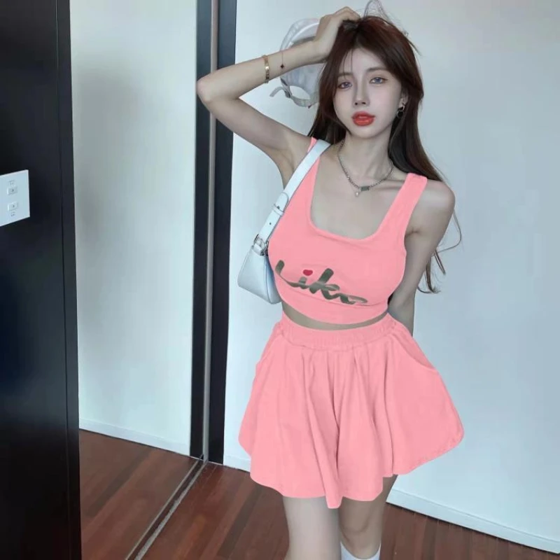 

Модный повседневный спортивный комплект для женщин: летний топ и юбка А-силуэта, комплект из двух предметов для бега, трендовый