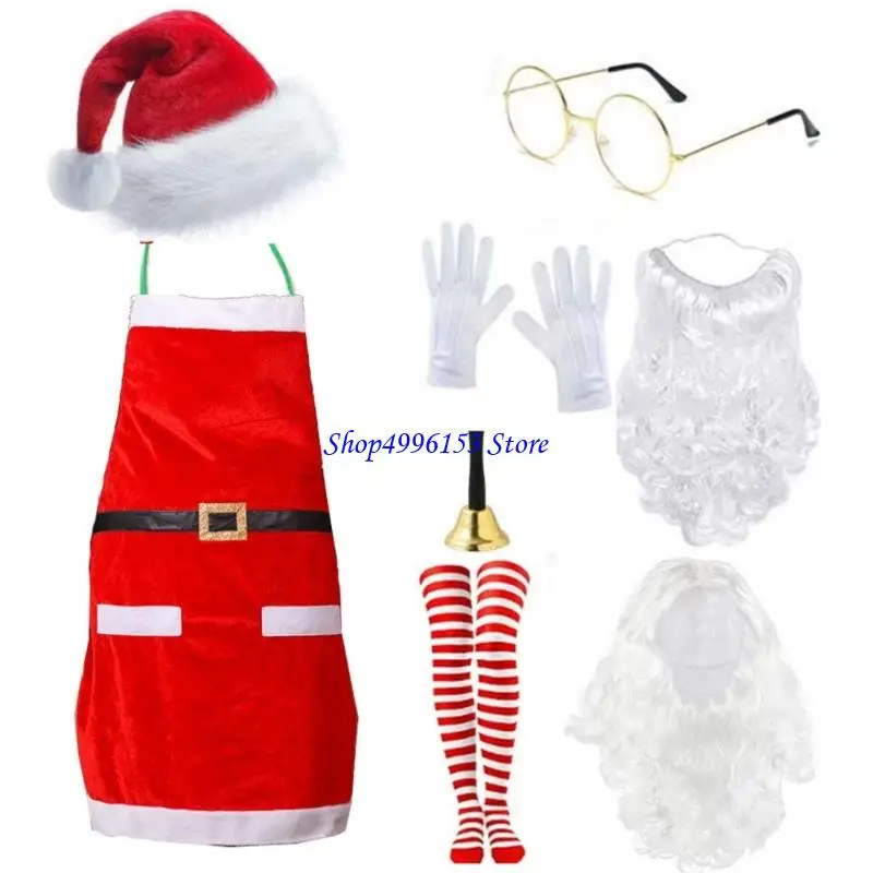 Q0KE Christmas Santa Clauses Costume Beard Mask Western Cowboy Hats Santa Suit Complete Deluxe Santa Outfit Set for Adults