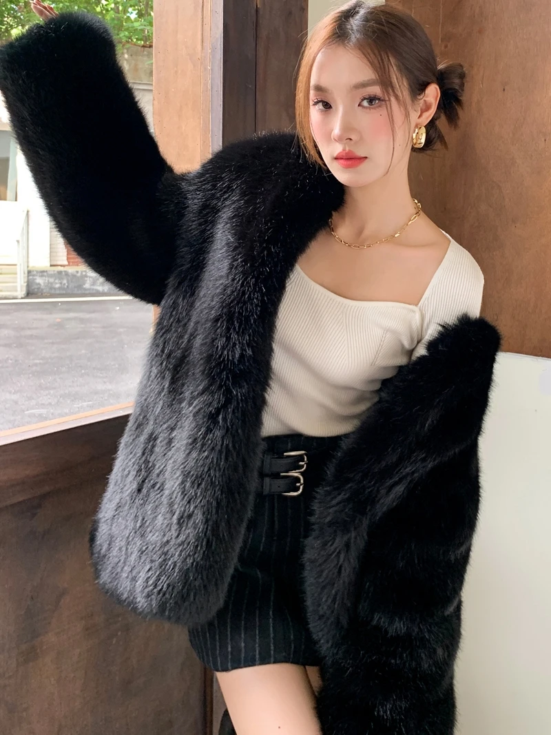 Female High Quality Faux Fox Fur Coat Black Jacket Lady Outerwear Women's Coats Promotion