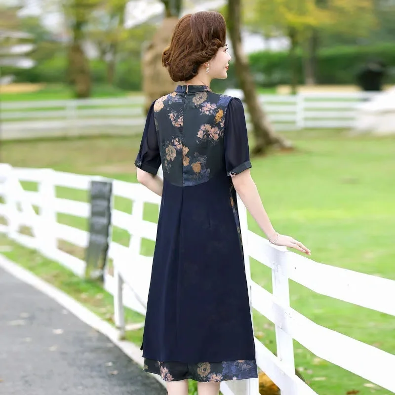 Cheongsam Improved Middle-Aged and Elderly Mothers Summer Mid-Length Skirt Wide Wife A-Line Skirt High-End Fashion Dress M350